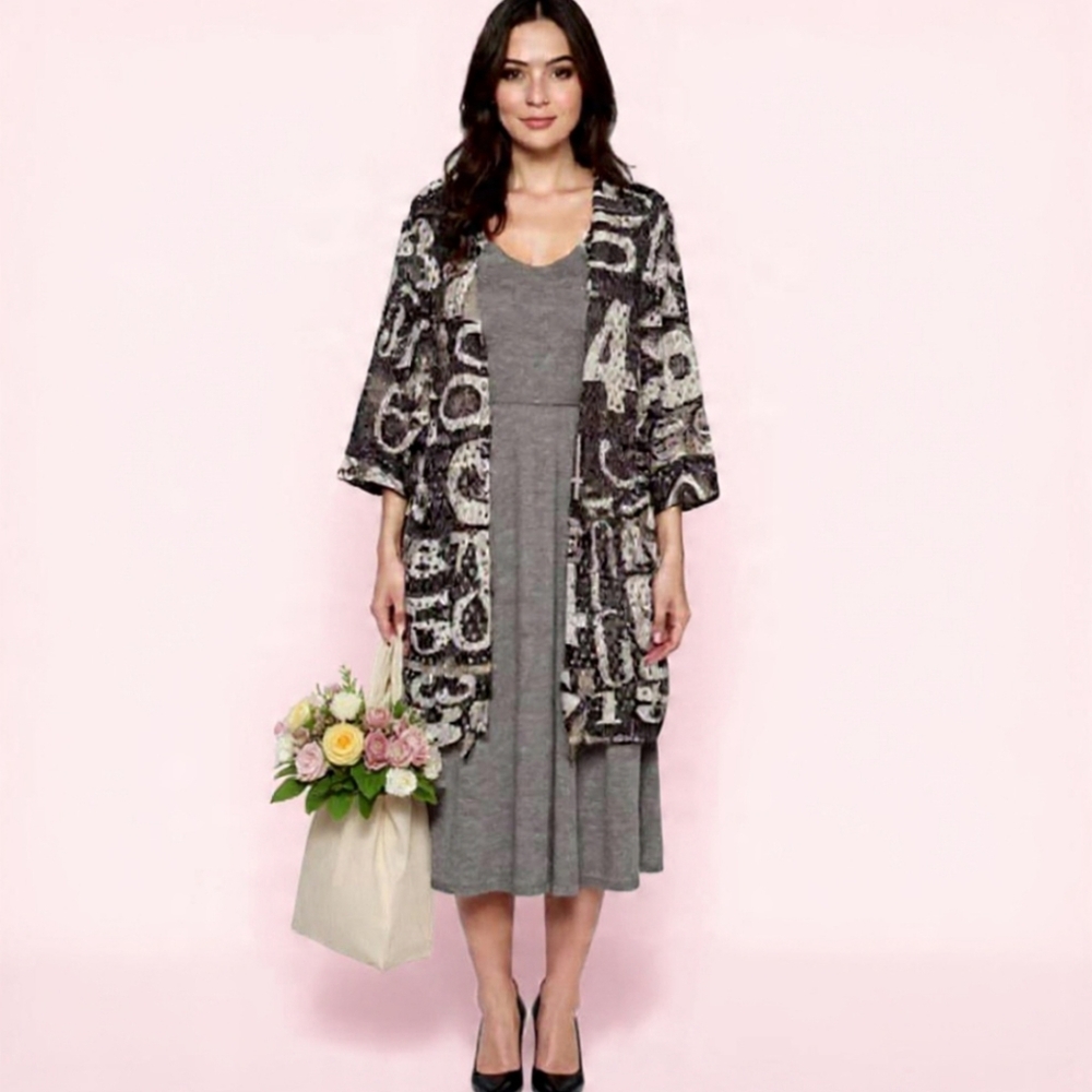 ๐VIA VITALE Vintage Y2K open knit grey&black number print cardigan cover-up